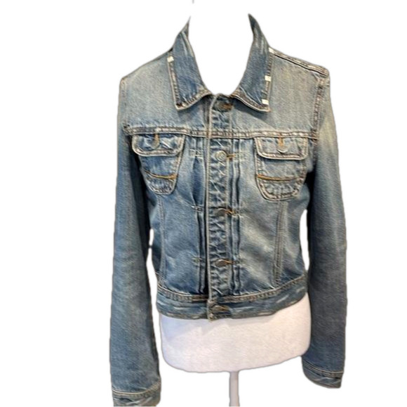 Ezra Fitch button cropped medium wash L distressed  jacket with panel inserts - Picture 1 of 17